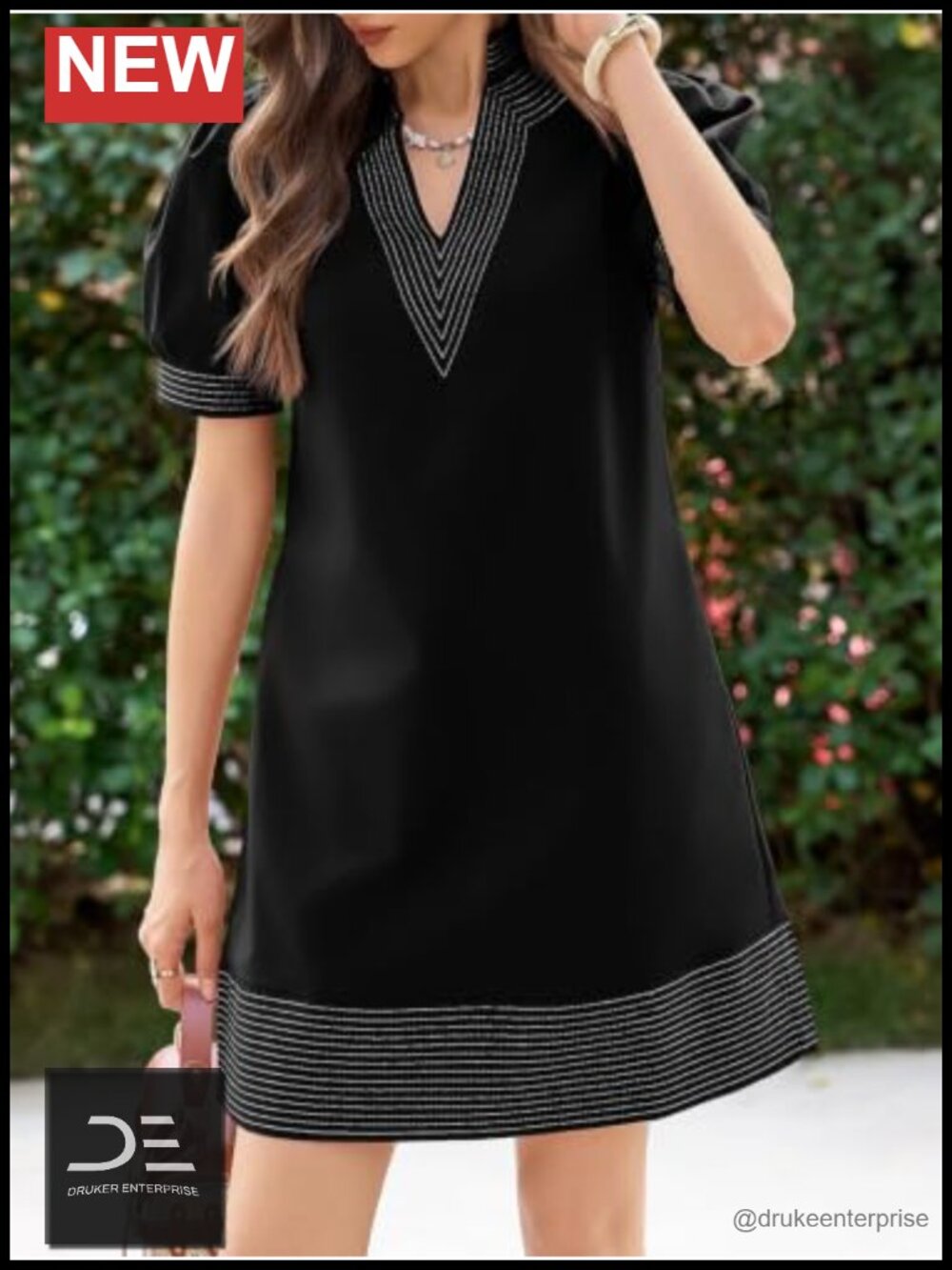 Womens Summer V Neck Puff Short Sleeve Boho Mini Shift Dress with Pockets - Picture 3 of 6